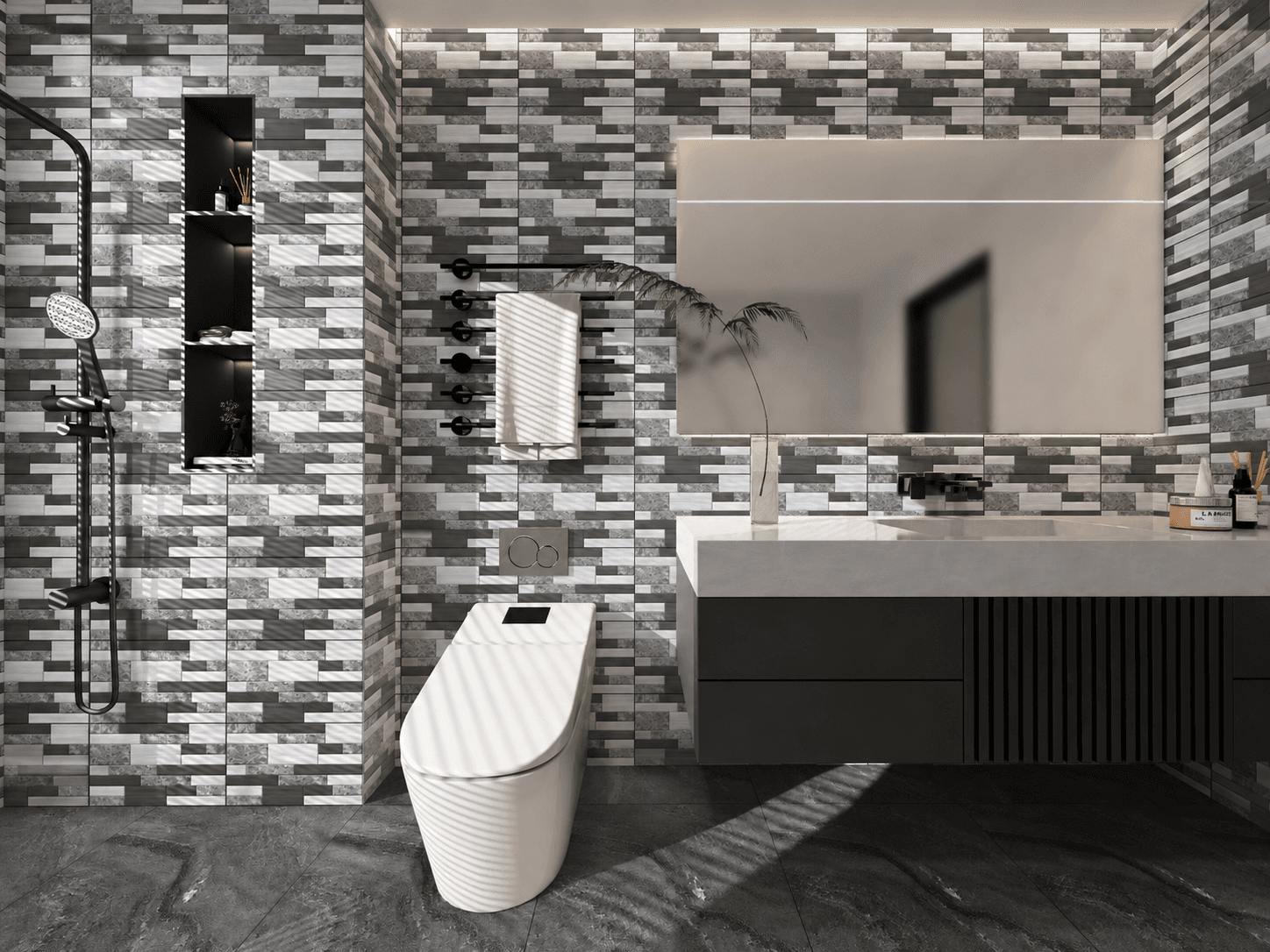 Designer bathroom with textured brick tiles and vanity unit