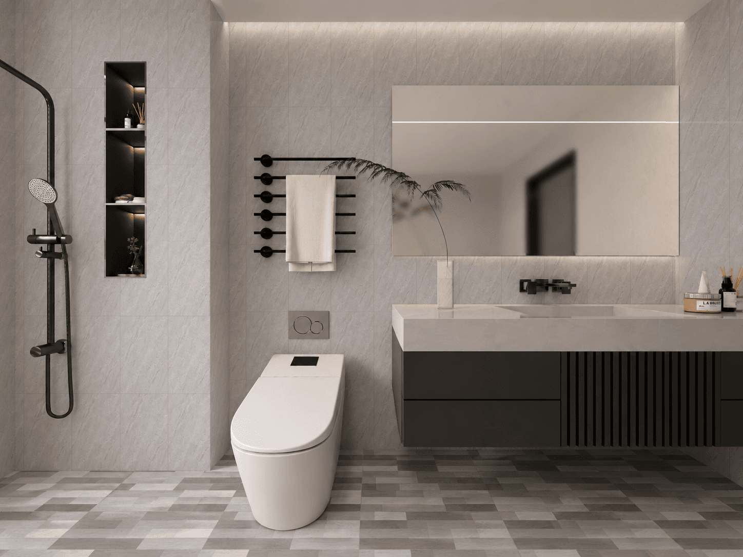 Minimalist bathroom with large-format grey wall tiles and wall-hung WC