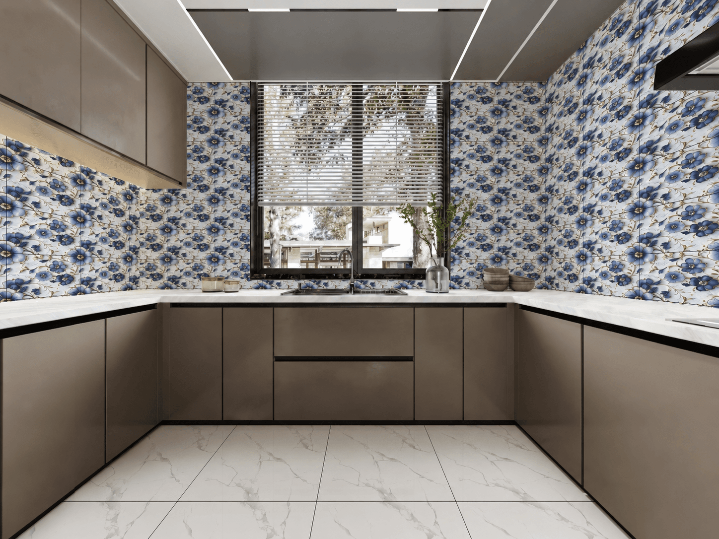 Premium kitchen backsplash with blue floral design tiles