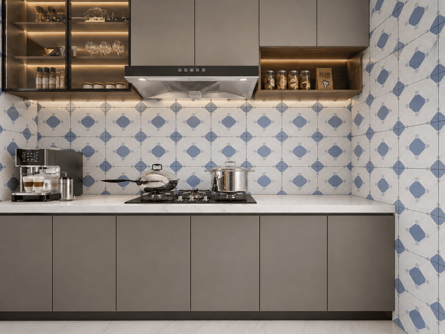 Kitchen interior with blue-white diamond pattern wall tiles