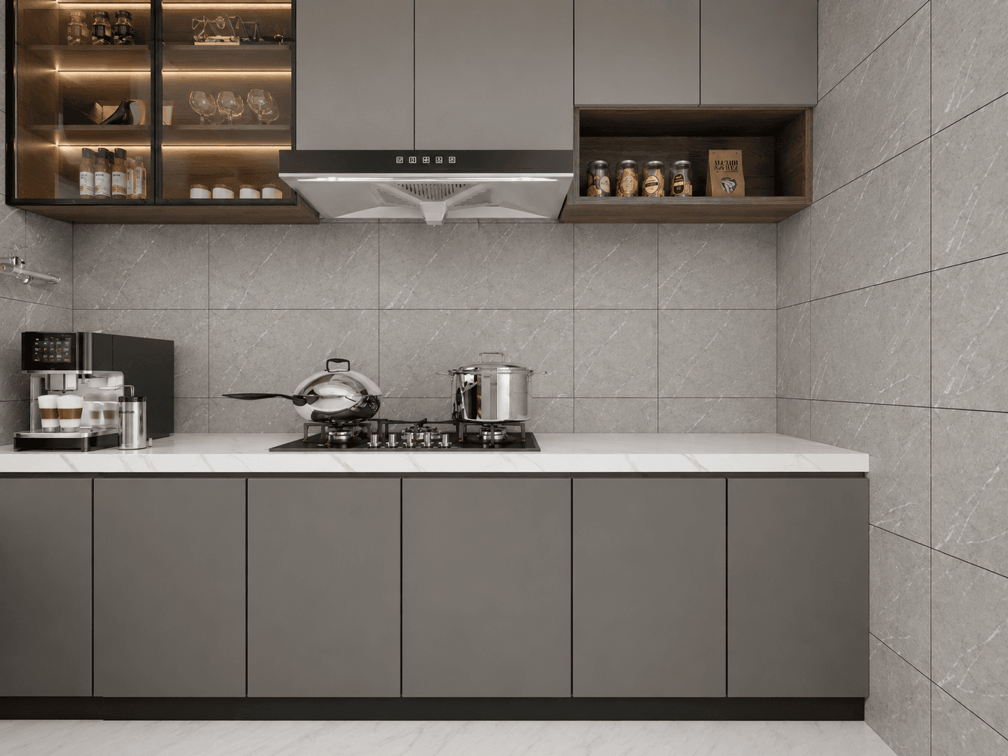 Modern kitchen backsplash featuring grey marble-look tiles