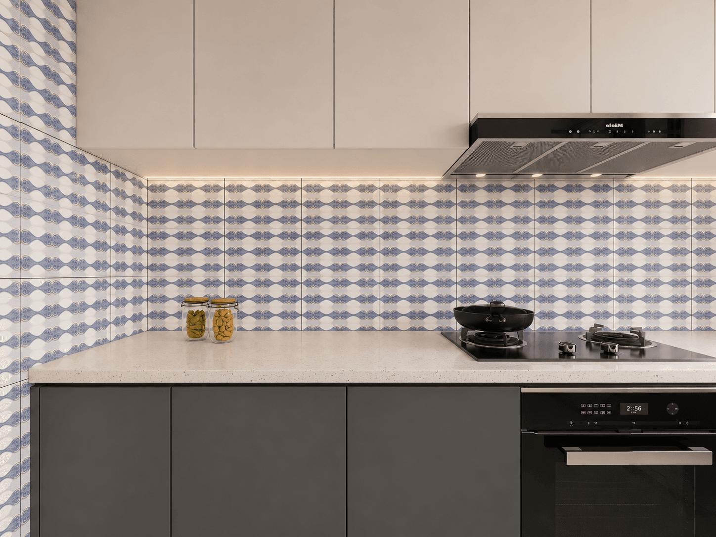 Sleek kitchen with wave patterned accent tile backsplash