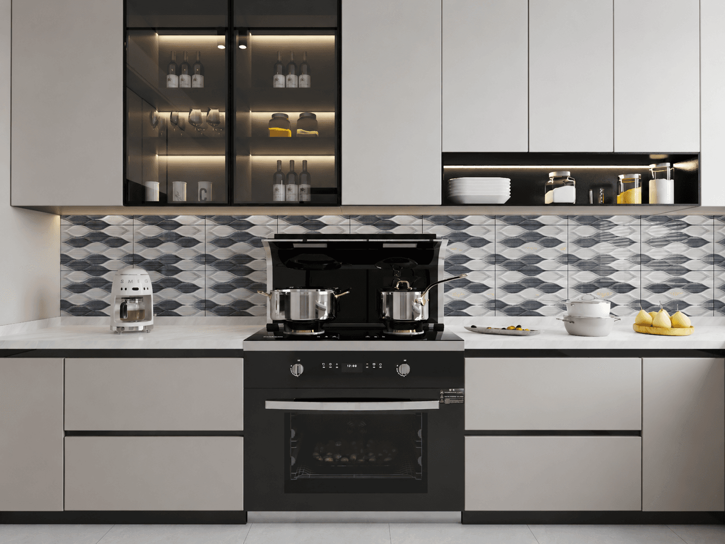 Elegant kitchen with grey-blue wave patterned backsplash tiles