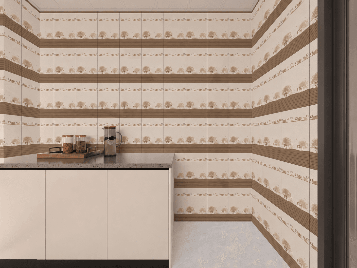 Contemporary kitchen tiles with wood grain feature band